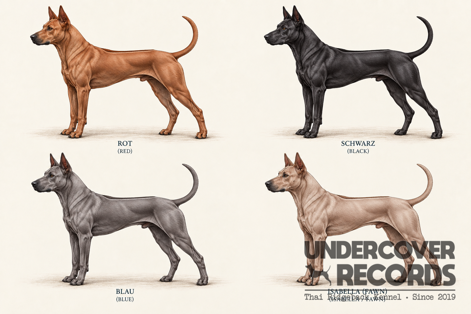 Vier gezeichnete Thai Ridgebacks in Rot Schwarz Blau und Isabella